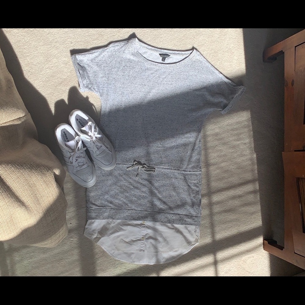 Heather Gray Dress with a White Button-Down Layer